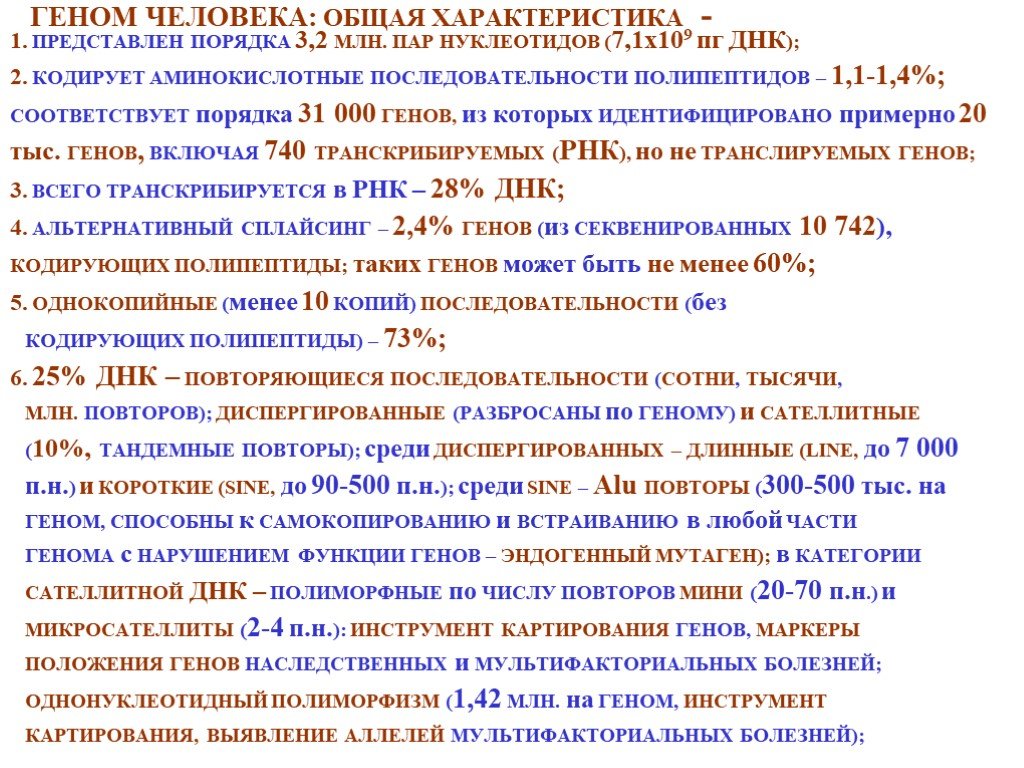 Общее количество нуклеотидов в днк. Характеристика генома человека. Характеристика ДНК человека. Общая характеристика генов человека. Общая характеристика Генны.